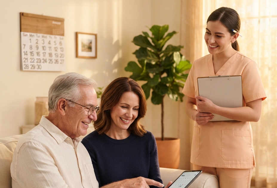 Illustration of a caregiver welcoming a senior woman