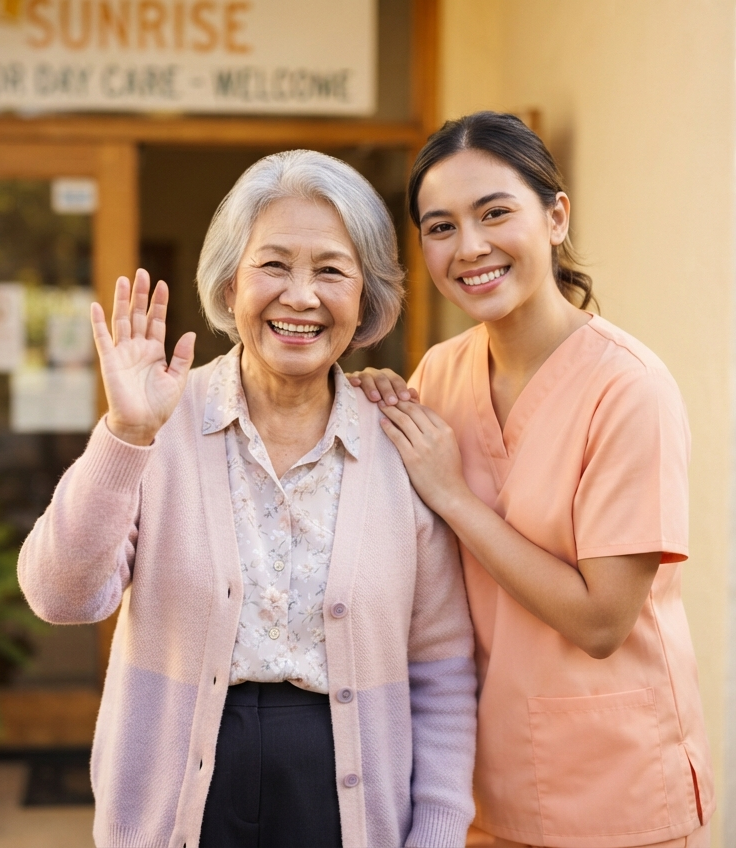 Illustration of a smiling senior woman waving, with her caregiver beside her