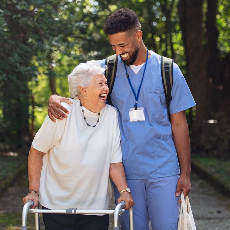 Illustration of a caregiver and a senior woman smiling together
