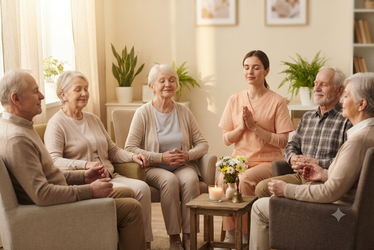 Illustration of seniors enjoying meditation and prayer time