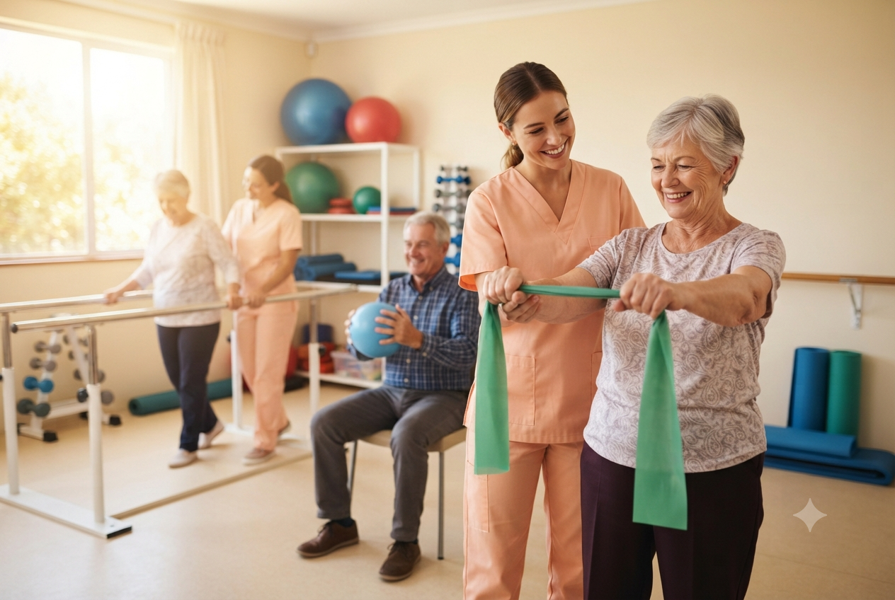 Illustration of seniors enjoying physiotherapy support