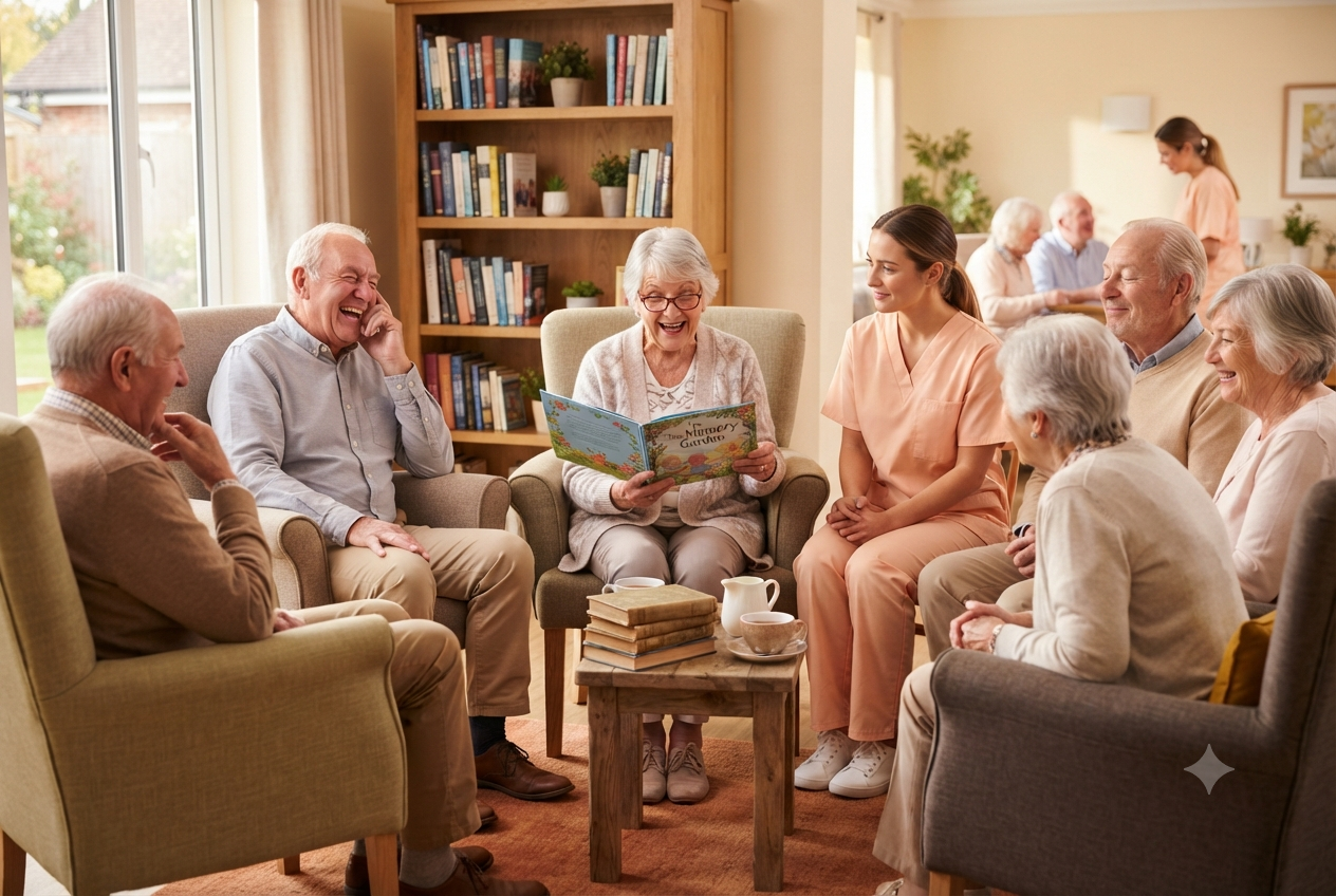 Illustration of seniors enjoying storytelling and reading circle