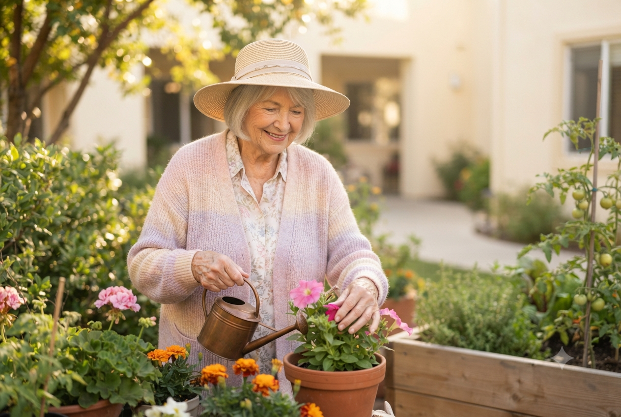 Illustration of a senior woman among garden plants