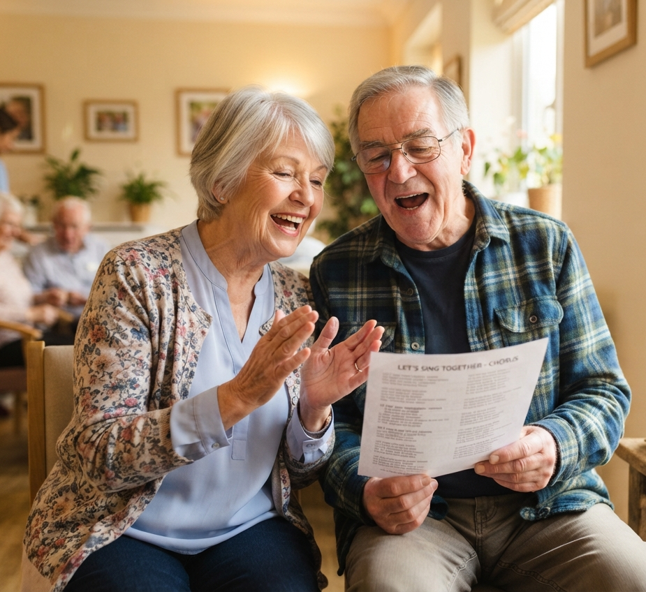 Illustration of two seniors singing together