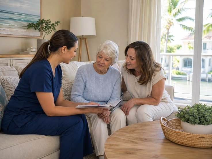 A SilverNest caregiver going through a care plan with a senior woman and her daughter